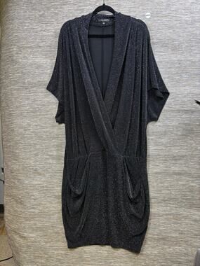 Baby Phat Dress Womens 2X Black Glitter Wrap Dolman Short Sleeve Pocket Midi